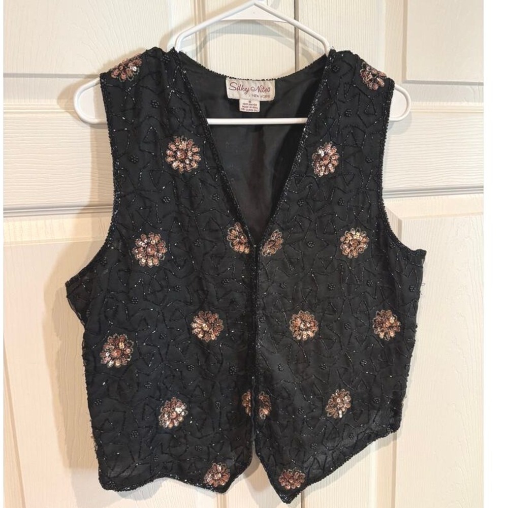 Vintage Silky Nites Black Embellished Floral Beaded Sequined Vest Party